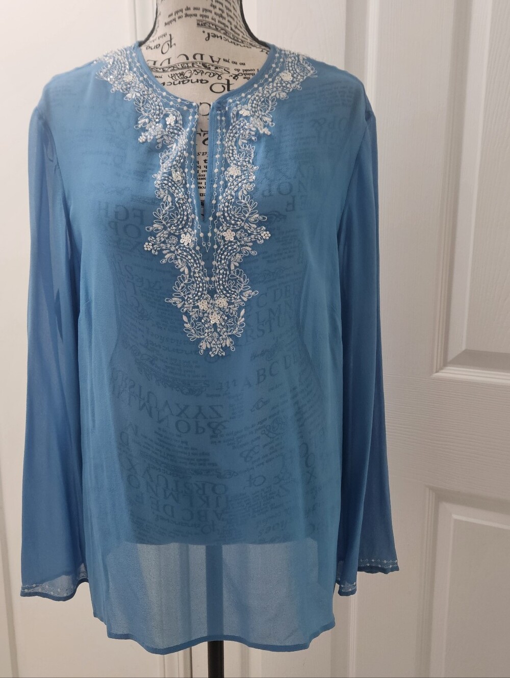 Ann Taylor Blue Sheer Tunic with White Embroidered Neckline. XL